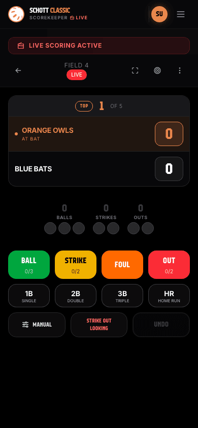 Schott Classic active scorekeeping controls on a phone
